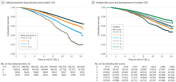 Unadjusted Kaplan-Meier Estimates: Short Sleep Duration, Diet Score, and Type 2 Diabetes (T2D) Risk