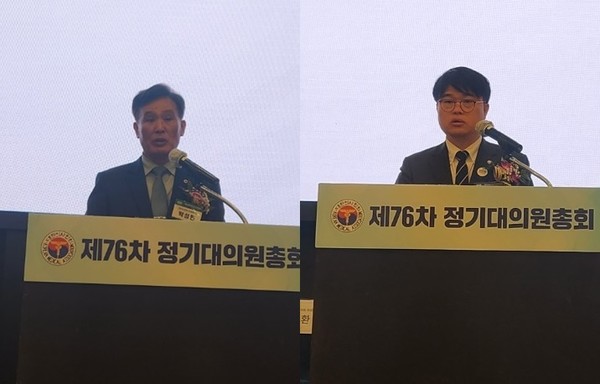(좌측부터) 박성민 의장, 임현택 회장 당선인이 인사말을 전하고 있다. 