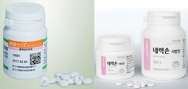 명문제약의 에페신SR정(왼쪽), 대원제약의 네렉손서방정(오른쪽). 