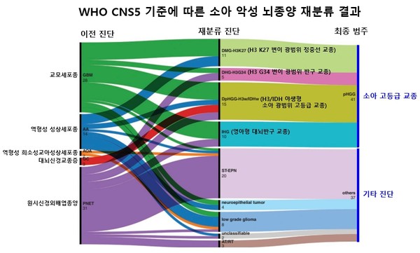 사진=WHO CNS5 기준에 따른 소아 악성 뇌종양 재분류 결과: 과거 교모세포종(GBM), 원시신경외배엽종양(PNET) 등으로 진단된 환자 78명 중 41명(52.6%)이 소아 고등급 교종(pHGG)으로 재분류됐다.